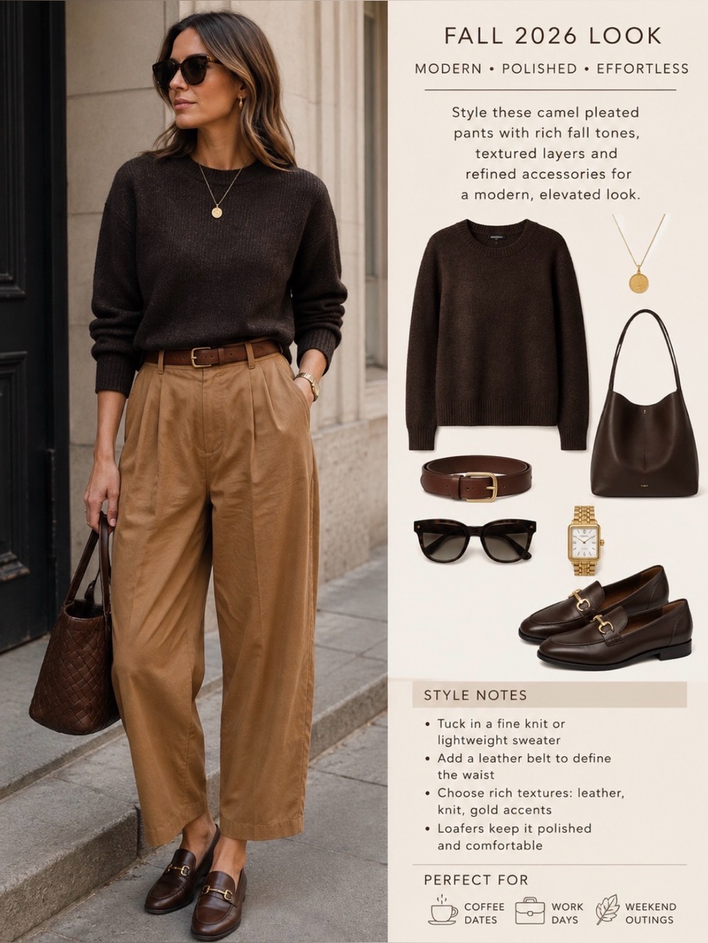 High-Waist Pleated Wide-Leg Pants in Olive Brown